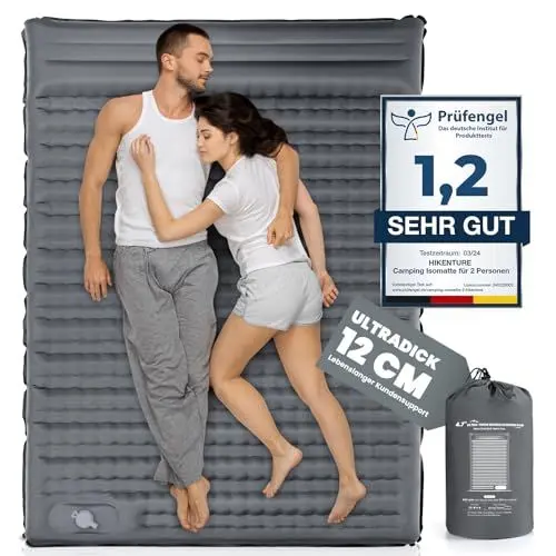 Produktbild: HIKENTURE Isomatte Selbstaufblasend, 12CM Doppel Isomatte Ultraleicht, Camping Isomatte für 2 Personen Aufblasbar, Schlafmatte Luftmatratze Camping Bett mit Fußpumpe für Outdoor, Wandern - Grau A2