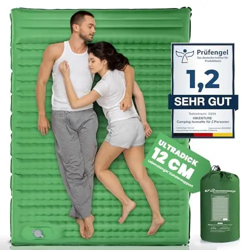 Produktbild: HIKENTURE Isomatte Selbstaufblasend, 12CM Doppel Isomatte Ultraleicht, Camping Isomatte für 2 Personen Aufblasbar, Schlafmatte Luftmatratze mit Fußpumpe für Zelt, Wandern - Dunkelgrün A3
