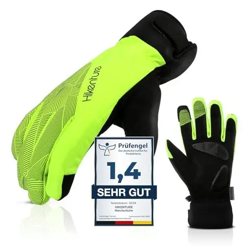 Produktbild: HIKENTURE Winterhandschuhe, Wasserdicht Fahrrad Handschuhe Winter Herren Damen, Winddichte Skihandschuhe Fahrradhandschuhe mit Langlauf Gel Gepolstert Männer Frauen, für Outdoor -Gelbgrün M