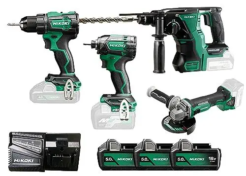 Produktbild: HiKOKI Brushless Combo-Kit KC18DE (Winkelschleifer, Bohrschrauber, Schlagschrauber, Bohrhammer, 3x 18V 5.0 Ah Akku, Ladegerät, Transporttasche)