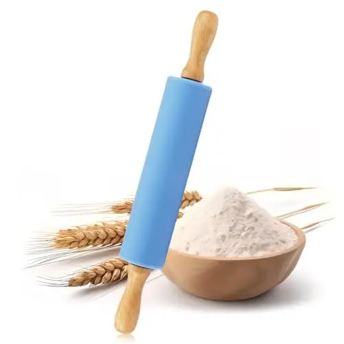 Produktbild: HIKPACKER Nudelholz Silikon Mit Metallachse, Nudelholz Kinder (Maße: Ø 4.5 X 30.5 Cm) Antihaft Teigroller Silikon, Holzgriff Nudelhölzer, Teigausroller Für Gebäck, Nudelteig, Cookie - Blau
