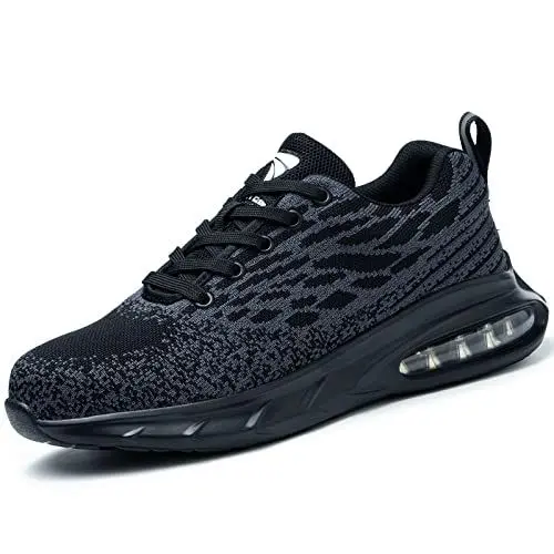 Produktbild: HILAX Sicherheitsschuhe Arbeitsschuhe Herren Damen Leicht Stahlkappenschuhe Sportlich Schutzschuhe rutschfeste Atmungsaktiv Stahlkappe Sneaker Schwarz, 45 EU
