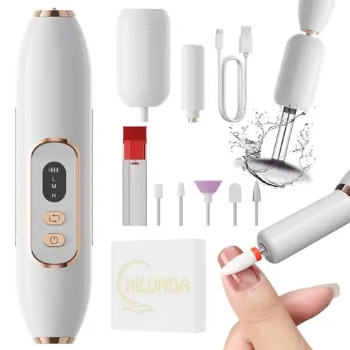 Produktbild: HiLUNDA Tragbar Elektrische Nagelfräser Professionell - 2 in 1 Fräser für Gelnägel Nagelfeile Elektrisch Kann Make-up Pinsel Reinigen, 1500 mAh 3-Gang Drehzahlregelung Nail Drill Kabellos Set