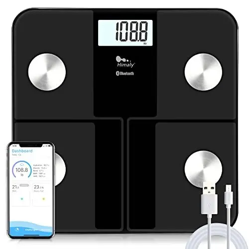 Produktbild: himaly Körperfettwaage Digital Personenwaagen mit App Smart Fitness Waage, 6-Farbiges LCD-Display | 18 Köperdaten | USB-Schnellladung | Max 180kg