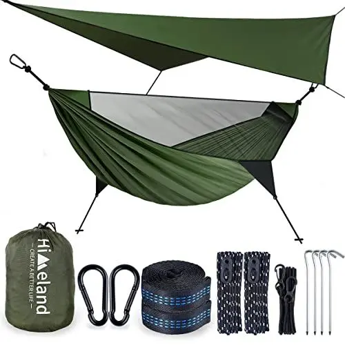 Produktbild: Himeland Hängematte Outdoor Ultraleicht (L: 275x140cm), Camping Hängematte mit Moskitonetz und Tarp, 200 Tragkraft - Licht Atmungsaktiv, Hammock Camping mit Zeltplane Wetterschutz für Trekking,Reise