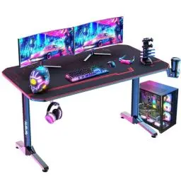 Produktbild: Himimi 140x60cm Gaming Schreibtisch, Ergonomischer Großer Gaming Tisch, T-Form PC Gamer Computertisch mit Großer Pad, Becherhalter, Kopfhörerhaken, Kabelmanagement & Gaming Griffgestell, 140x60x75cm