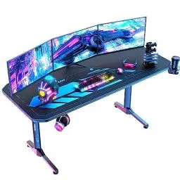 Produktbild: Himimi 160x75 cm Gaming Schreibtisch, Ergonomischer Großer Gaming Tisch, T-Form PC Gamer Computertisch mit Großer Pad, Becherhalter, Kopfhörerhaken, Kabelmanagement & Gaming Griffgestell, 160x75x75cm