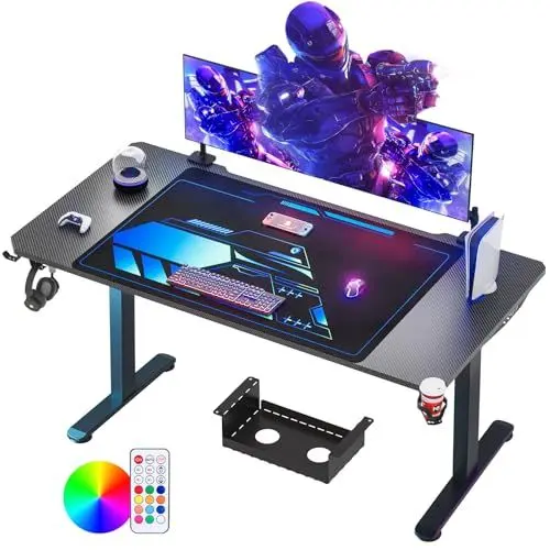 Produktbild: Himimi 180x70 cm Gaming Tisch, Gaming Schreibtisch PC Tisch Gaming mit Kohlefaseroberfläche, Gamer Tisch mit Kabelaufbewahrungsbox, Getränkehalter und Kopfhörerhaken, Schwarz