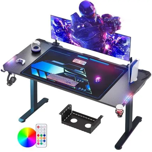 Produktbild: Himimi 180x70 cm Gaming Tisch, Gaming Schreibtisch mit LED, PC Tisch Gaming mit Kohlefaseroberfläche, Gamer Tisch mit Kabelaufbewahrungsbox, Getränkehalter und Kopfhörerhaken, Schwarz