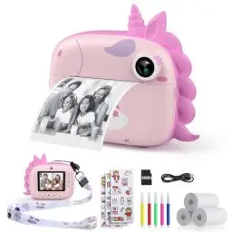 Produktbild: HiMont Kinderkamera Sofortbildkamera, Digitalkamera für Kinder mit Druckpapier & 32G TF Karte, VideoKamera mit farbigen Stiften & Lustige Accessoires, Geschenk für Kinder 3-14 Jahren (Rosa)