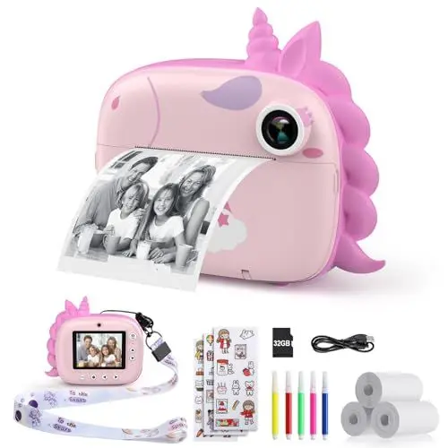 Produktbild: HiMont Kinderkamera Sofortbildkamera, Digitalkamera für Kinder mit Druckpapier & 32G TF Karte, VideoKamera mit farbigen Stiften & Lustige Accessoires, Geschenk für Kinder 3-14 Jahren (Rosa)
