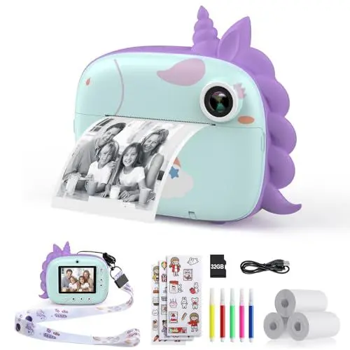 Produktbild: HiMont Kinderkamera Sofortbildkamera, Digitalkamera für Kinder mit Druckpapier & 32G TF Karte, VideoKamera mit farbigen Stiften & lustige Accessoires, Geschenk für Kinder 3-14 Jahren (Grün)