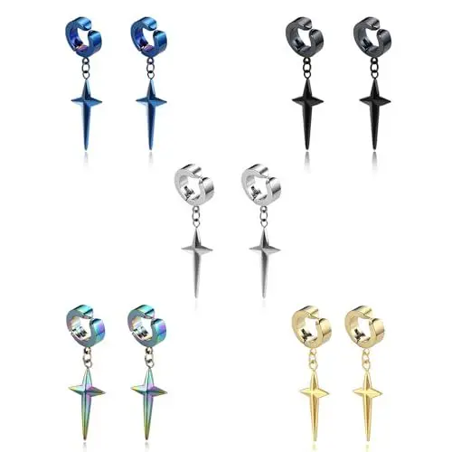 Produktbild: HinDaLi 5 Paar Ohrringe Kreuz Hängend Ohrringe Edelstahl Damen Gold Ohrclips Herren Ohne Ohrlöcher Ohrringe Männer Creolen Ohrringe Silber Clip Ohrringe Herren Silber Ohrhänger Herren Schwarz