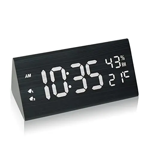 Produktbild: hinrey Digitaler Wecker mit Große LED Anzeige, Tischuhr Holz Dual Alarm Digital Uhr mit Luftfeuchtigkeit- und Temperaturanzeige USB Netzanschluss