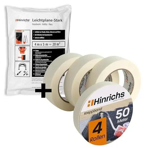 Produktbild: Hinrichs 4x Kreppband & 8x Abdeckfolie - Abklebeband 3 Rollen 50m x 30mm + 1 Rolle 50m x 20mm -Je Malerfolie 4x5m für insgesamt 160qm - Maler Klebeband & Abdeckplane zum Streichen und Lackieren