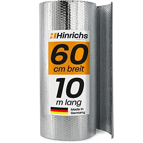 Produktbild: Hinrichs Isolierfolie Dämmfolie 10m x 60cm – Thermofolie für Fenster, Auto, Camping oder Pool – Perfekt als Wärmedämmung, Kälteschutz und Verdunklung - Beidseitig beschichtet
