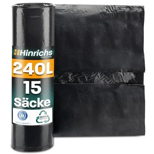 Produktbild: Hinrichs Müllsäcke 240L extra Stark - 15er Rolle - 100x125 cm - Extrem reißfeste Müllbeutel - Mülltüten aus Recycling LDPE - Schwarze Säcke - Abfallsäcke für Garten, Haushalt & Baustelle