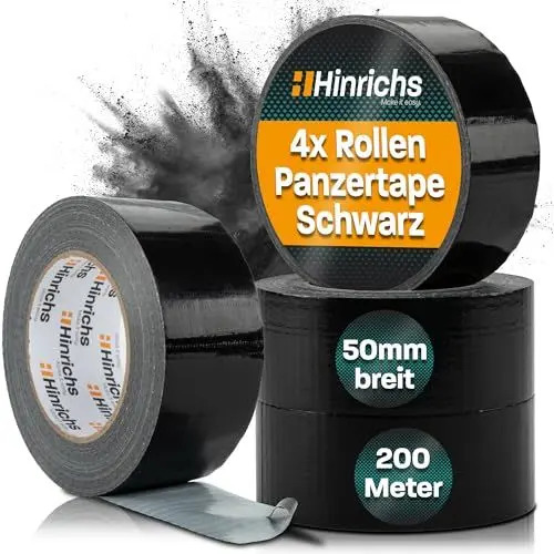 Produktbild: Hinrichs Panzertape schwarz - 4 Rollen 50m x 50mm Gewebeband - extra starkes Klebeband - wasserdichtes Panzerband - breites Gewebeklebeband schwarz - power Duct Tape für Innen und Außen