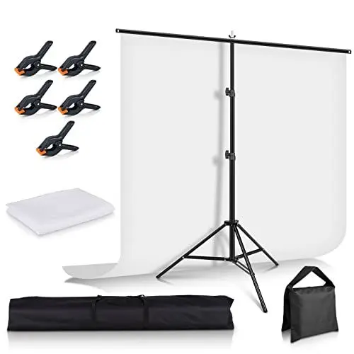 Produktbild: Hintergrund Weiß mit Ständer 1.5 x 2 m/5x6.5 ft, Foccalli Fotografie Hintergrund Ständer mit Chromakey Musselin-Hintergrund, 5 Backdrop-Clips und Sandsack für Streaming-Gaming-Fotoshooting