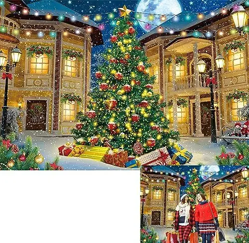 Produktbild: Hintergrund für Weihnachten, Stadt, Straßenszene, Outdoor, Weihnachtsbaum, Geschenkboxen, Geschäft, Landschaft, Fotografie, Hintergrund, Winterhäuser, Nacht, Schneeflocken, Häuser, Fotoautomaten,