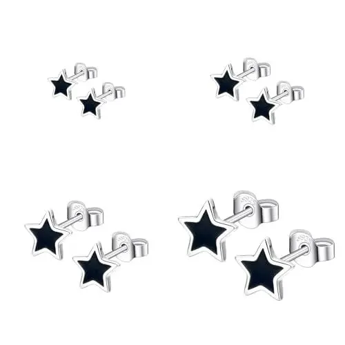 Produktbild: Hinvan 4 Paare 925 Sterling Silber Ohrringe Silber Ohrstecker Stern Ohrringe Set Sterne Ohrstecker Silber 925 Schwarz Klein für Damen Frauen Mädchen Männer