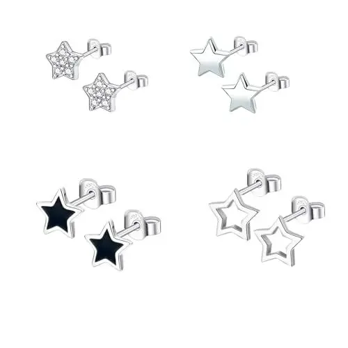 Produktbild: Hinvan 4 Paare 925 Sterling Silber Ohrringe Stern Ohrstecker Silber Ohrringe Sterne Zirkonia Klein Knorpel Ohrringe Silber Ohrstecker Schwarz Kleine Ohrringe für Damen Frauen Mädchen