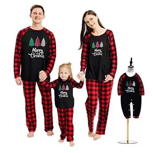 Produktbild: Hinzonek Christmas PJS Familien-Schlafanzug mit passendem Weihnachtsbaum und Karierter Hose, für Väter, Mütter, Kinder, Baby, Damen (XXL, Männer)