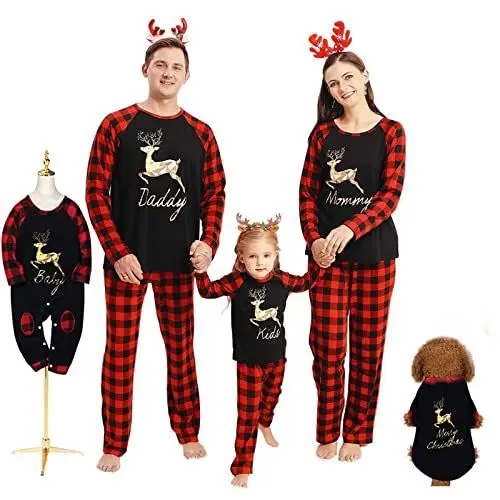 Produktbild: Familien-Weihnachts-Schlafanzug mit Elch-Motiv, kariert, Nachtwäsche, Nachtwäsche, Weihnachts-Pyjama, Urlaub, Loungewear für Väter, Mütter, Kinder, Babys, Haustiere (5-6 Jahre, Kinder)