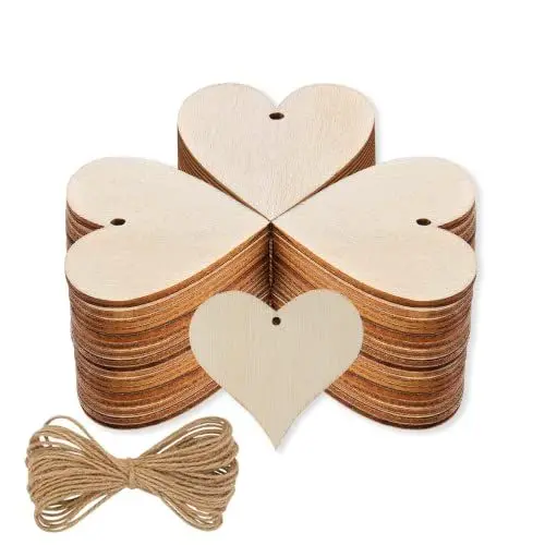 Produktbild: Holzherzen mit Loch, 120 Stück 40mm Rustikale Unbehandelte Holz-Bastelset mit 3m Hanfseil, Ideal für DIY-Kunst, Holzscheiben, Weihnachtsschmuck & Handwerksprojekte