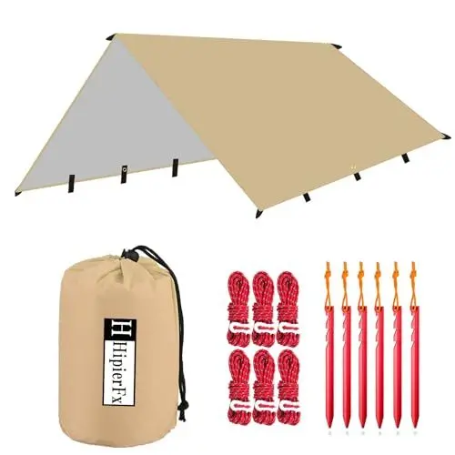 Produktbild: HipierFx Tarp 3x4 Camping Zeltplane für Hängematte Leicht Sonnenschutz UV Schutz Wasserdicht Multifunktionales Zeltplane für Outdoor Wandern (Khaki)