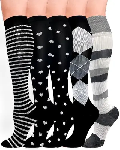 Produktbild: HIPOWER 5 Paar Kompressionsstrümpfe Damen und Herren Bunte Stützstrümpfe Sport Kompressionssocken Stützkniestrümpfe Reisestrümpfe Compression Sock Für Flug Radsport Krankenschwester(B-5 Paar,L-XL)