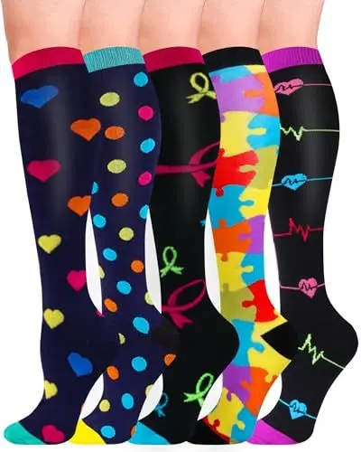 Produktbild: HIPOWER 5 Paar Kompressionsstrümpfe Damen und Herren Bunte Stützstrümpfe Sport Kompressionssocken Stützkniestrümpfe Reisestrümpfe Compression Sock Für Flug Radsport Krankenschwester(C-5 Paar,S-M)