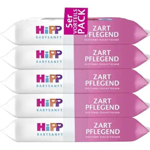 Produktbild: HiPP Babysanft Feuchttücher Zart Pflegend, 240 Stück (5 x 48 Tücher), mit Bio-Mandelextrakt, besonders hautverträglich, für die sanfte Reinigung zarter Haut