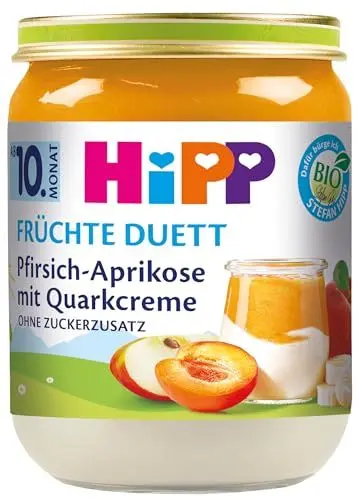 Produktbild: HiPP Bio Früchte-Duett Pfirsich-Aprikose mit Quark-Creme, 6er Pack (6 x 160g)