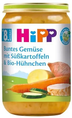 Produktbild: HiPP Buntes Gemüse mit Süßkartoffeln und Bio-Hühnchen, 6er Pack (6 x 220 g)