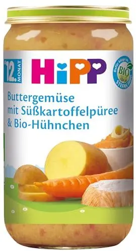Produktbild: HiPP Buttergemüse mit Süßkartoffelpüree und Bio-Hühnchen, 6er Pack (6 x 250 g)