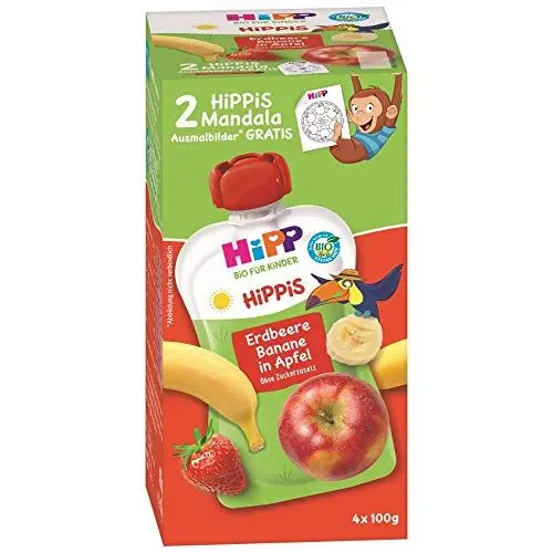 Produktbild: HiPP HiPPiS Quetschbeutel Vorteilspack, Erdbeere-Banane in Apfel, 100% Bio-Früchte ohne Zuckerzusatz, 4 x 4 Beutel à 100 g