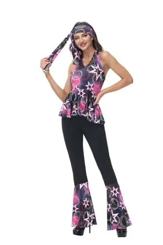 Produktbild: Hippie Kleidung Kostüm Damen Disco Outfit Top und Schlaghose Set 70er 80er 90er Übergröße Halloween Erwachsene Party Rosa Schwarz XL