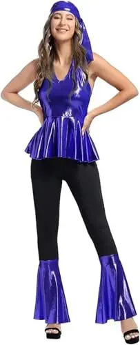 Produktbild: Hippie Kleidung Kostüm Disco Kostüm Outfit Top und Schlaghose Set 70er 80er 90er Übergröße Halloween Damen ErwacÖsene Party Blau 3XL