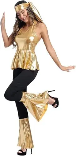 Produktbild: Hippie Kleidung Kostüm Disco Kostüm Outfit Top und Schlaghose Set 70er 80er 90er Übergröße Halloween Damen ErwacÖsene Party Golden M