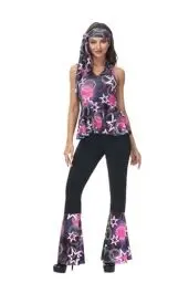 Produktbild: Hippie Kleidung Kostüm Disco Kostüm Outfit Top und Schlaghose Set 70er 80er 90er Übergröße Halloween Damen ErwacÖsene Party Rosa Schwarz M