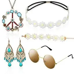 Produktbild: Hippie Kostüm Set mit Sonnenbrille, 5 Stück Hippie Kleidung Damen Herren Accessoires, 60er 70er Jahre Bekleidung, Abba Kostüm - Friedenszeichen Halskette Und Ohrring (türkisfarbener/böhmen Stil)