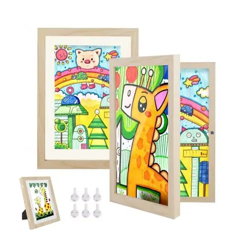 Produktbild: Hipsignal Kinder Bilderrahmen, 2 Stück A4 Befüllba Bilderrahmen für Kinder mit Frontöffnung und Halterung zum Aufhängen oder Aufstellen von Kinderzeichnungen, Kunstprojekten (Holz)