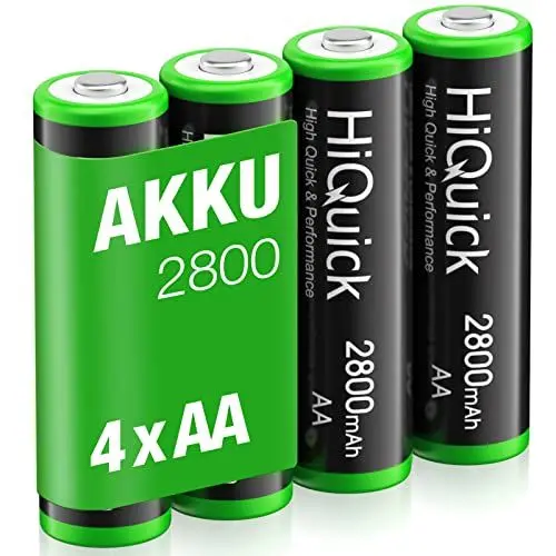 Produktbild: HiQuick Mignon AA Akku 2800mAh - NI-MH wiederaufladbare Batterien, 1200 Tech wideraufladbare AA Akkus, geringe Selbstentladung - 1,2V AA Batterien 4 Stück