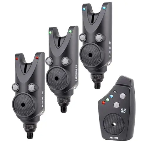 Produktbild: Hirisi Tackle Wasserdichter kabelloser Karpfenbiss-Alarm mit LED-Leuchten, Einstellbarer Lautstärke Tonregelung und Empfindlichkeit bissanzeiger Angeln mit Funk (FBA-S6-3)