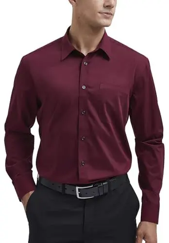 Produktbild: HISDERN Herren Burgund Hemd Langarm Businesshemd Regular Fit Hemd aus Bambusfaser Freizeithemd Bügelfreies Herrenhemd mit Brusttasche,3XL