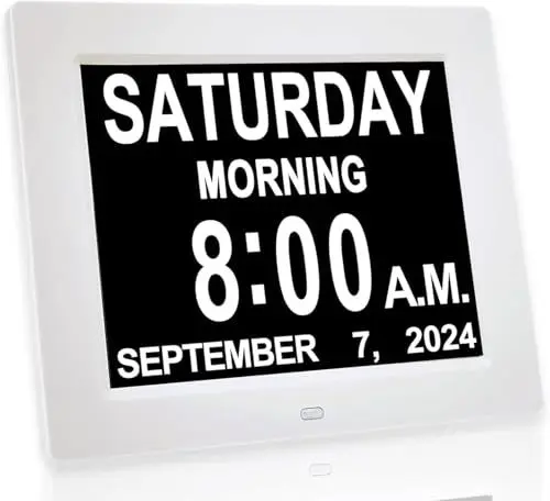 Produktbild: Hiseeyo 8 Zoll Wecker Digital mit Automatische Helligkeitsanpassung, Leiser LCD-Display-Wecker mit Luftfeuchtigkeit und Temperatur für Erwachsene und Kinder und Alzheimer-Krankheit (8zoll-Weiß)