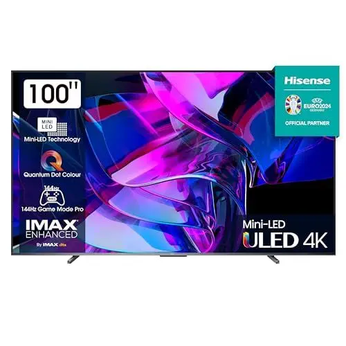 Produktbild: Hisense 100U7KQ (100 Zoll) Fernseher 4K Mini LED ULED HDR Smart TV, Quantum Dot, 144Hz, HDMI 2.1, Game Mode Pro, Dolby Vision IQ & Atmos, Bluetooth, Alexa Built-in, Anthrazit