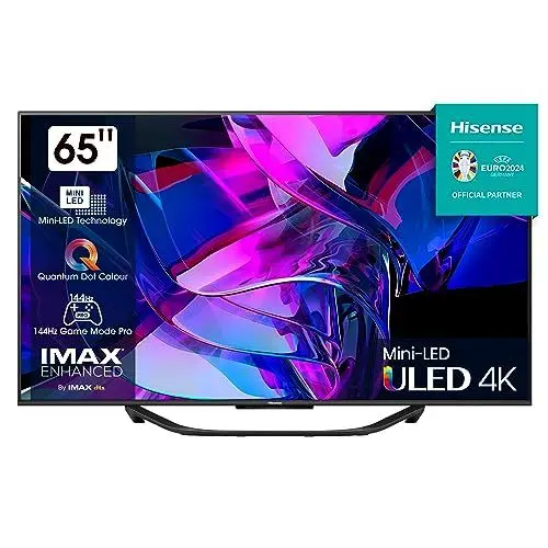 Produktbild: Hisense 65U7KQ 164 cm (65 Zoll) Fernseher 4K Mini LED ULED HDR Smart TV, Quantum Dot, 120Hz, HDMI 2.1, Game Mode Pro, Dolby Vision IQ & Atmos, Bluetooth, Alexa Built-in, Anthrazit (2023), Schwarz