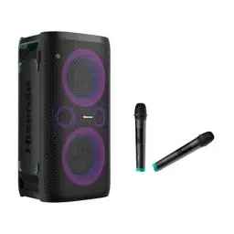 Produktbild: Hisense HP 110 Party Rocker One Plus- Tragbarer Party Lautsprecher mit Karaoke Modus inkl. 2 Mikrofone, 300 W Klangvolumen, DJ Effekte, kabelloses Laden, 5 Lichteffekte, bis zu 15h Akkulaufzeit, IPX4